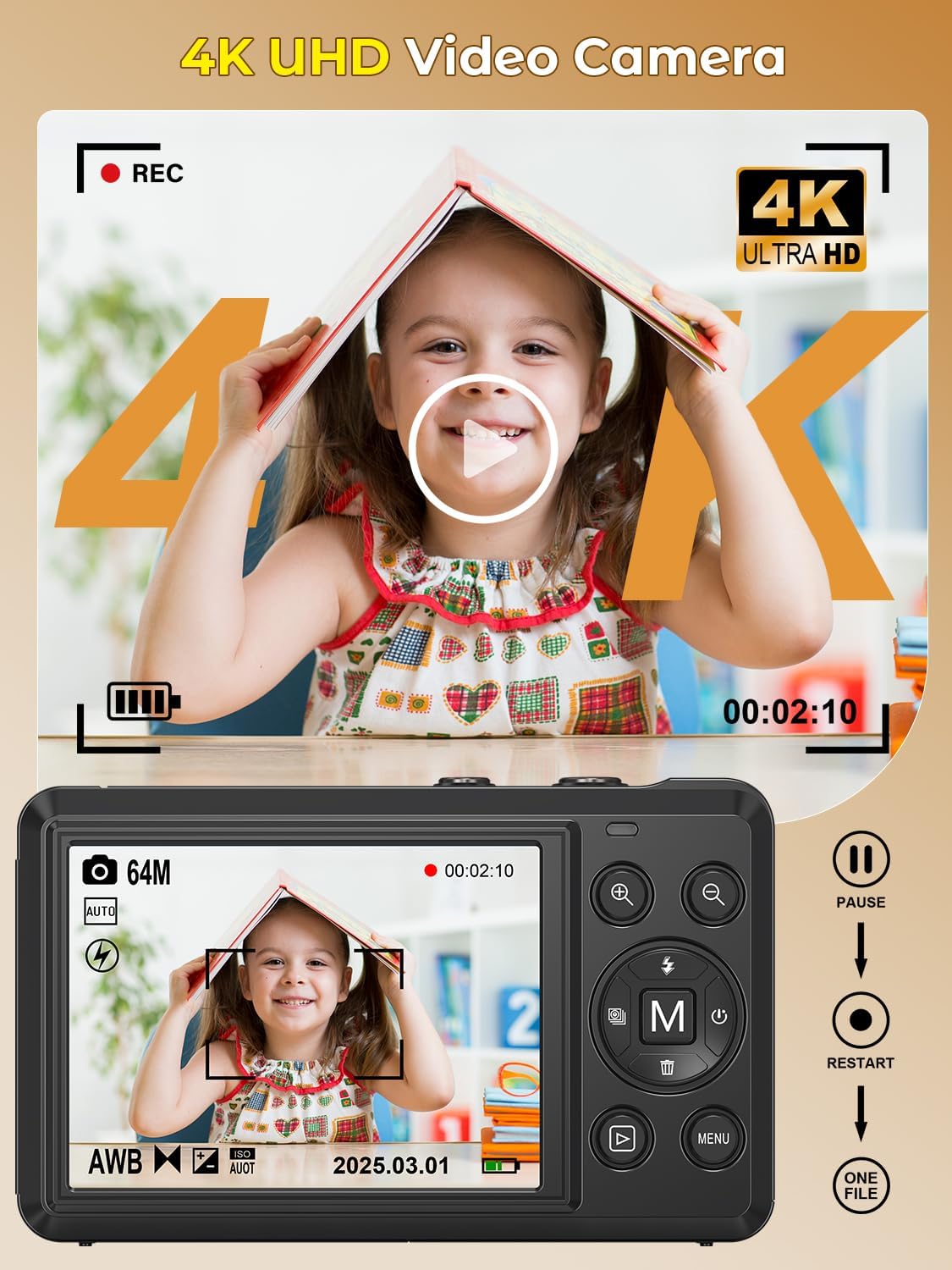 Detalle de Digitalkamera 4K 64MP – kompakte Autofokus-Kamera mit 2,8 Zoll, Macro, Webcam-Funktion & 1200 mAh Akku