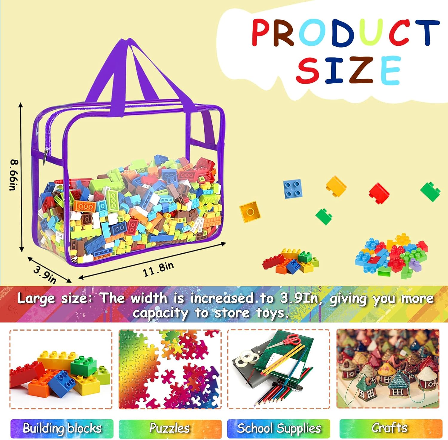 Detalle de 6 Color Large Toy Storage Bags with Labels – Reusable Clear PVC Organizer for Toys, Games, and Books