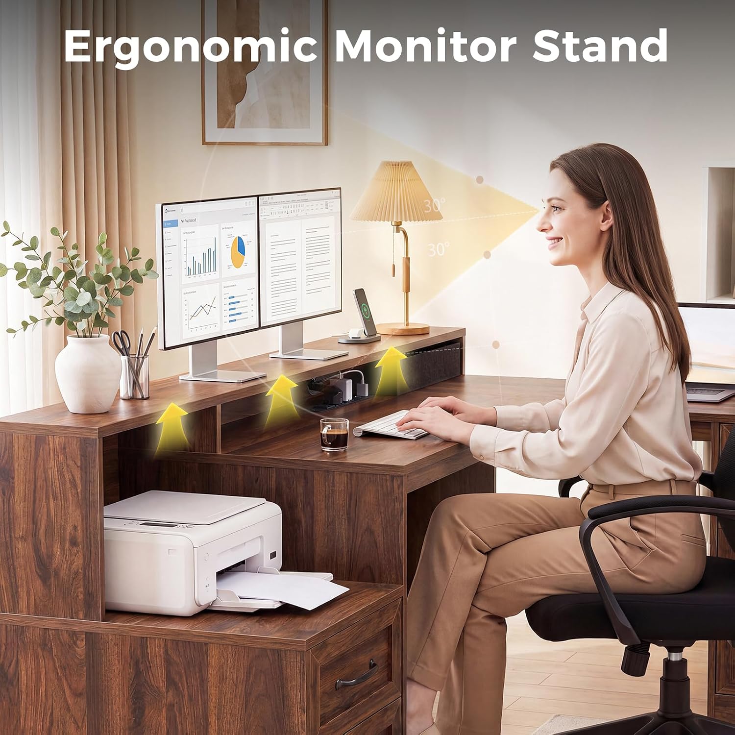 Detalle de OffiGo Executive L Shaped Desk, 68-Inch Farmhouse Desk with Walnut Finish