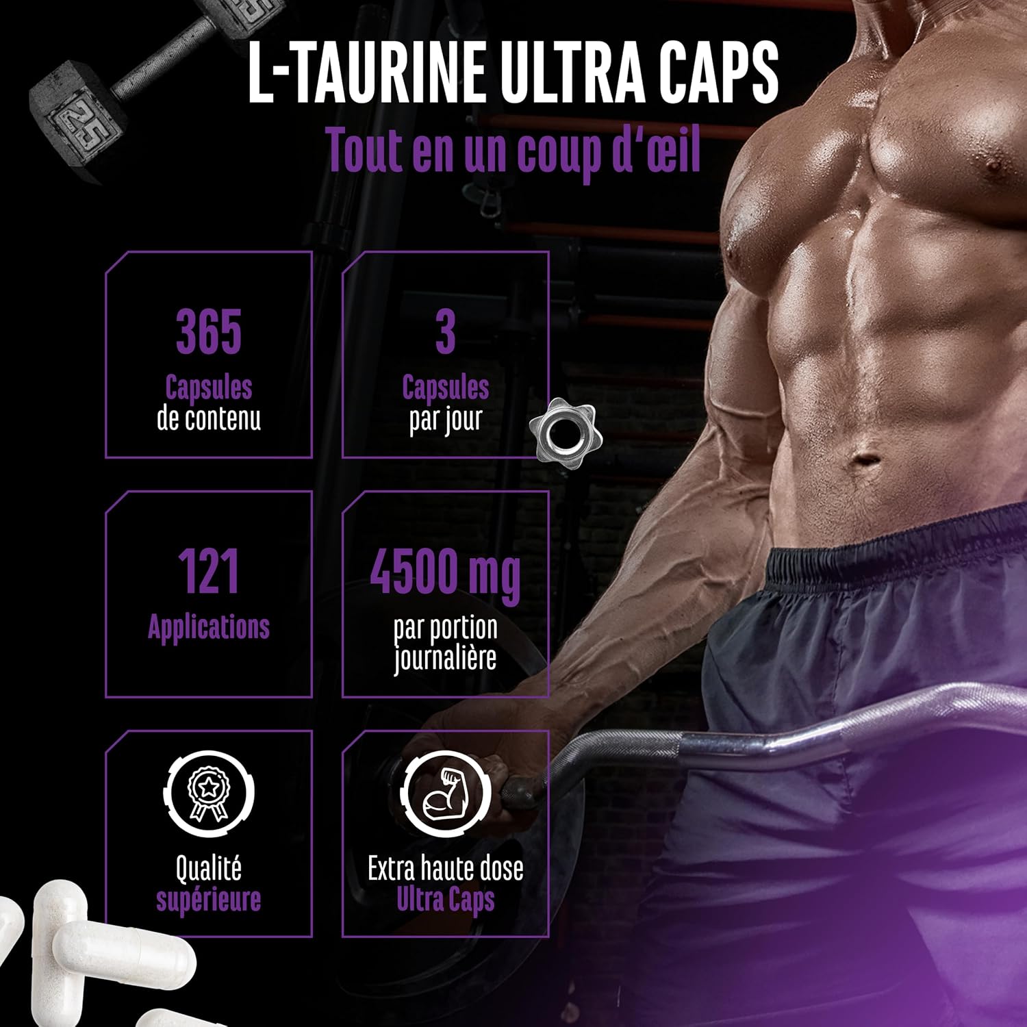Detalle 2 de GEN German Elite Nutrition L-Taurin Ultra Caps (365 gélules) – 1500 mg de taurine par capsule
