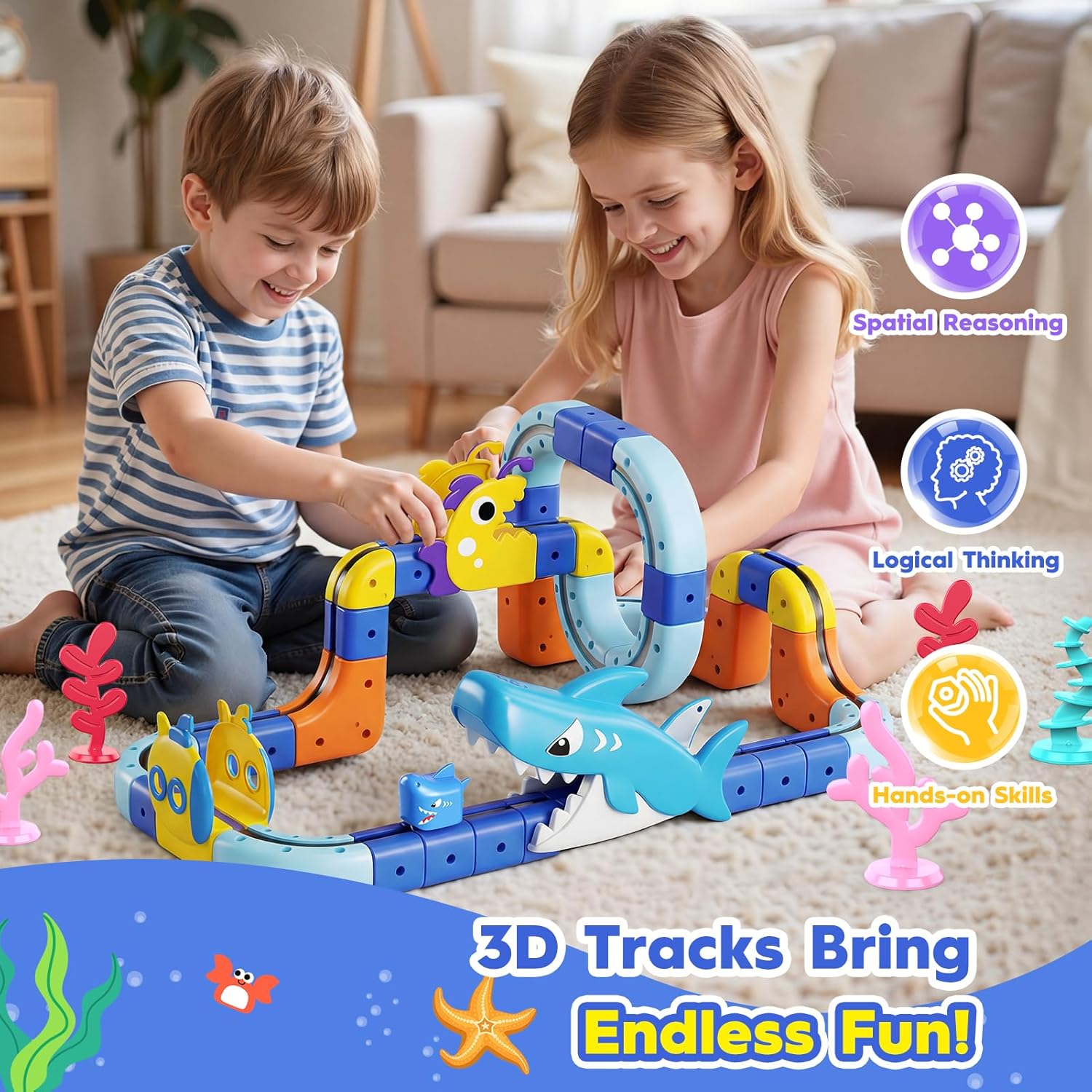 Detalle 2 de 117 Pezzi Giochi Bambini 3–8 Anni: Cubi Binari 3D con Trenino Squalo Magnetico per Mondi Oceano