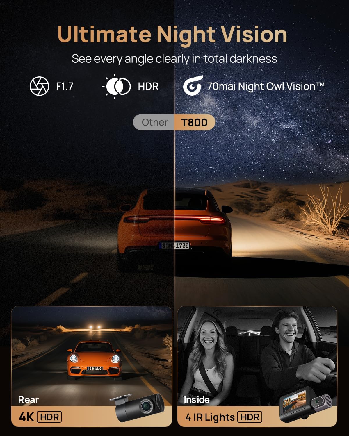 Thumbnail 2 de 70mai Dash Cam 4K T800 3-Channel (4K front, 4K rear, 1080P interior) with HDR and Dual STARVIS 2