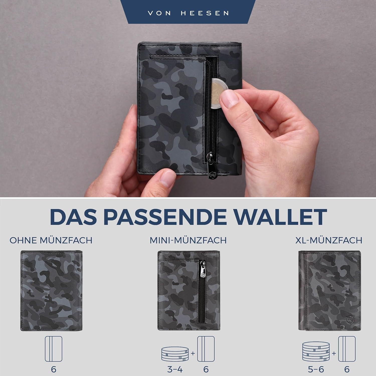 Thumbnail 5 de VON HEESEN Leder Geldbörse mit Münzfach und RFID-Schutz – Camouflage Grau