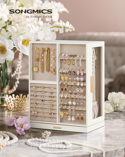 Detalle de SONGMICS Collection GISELLA – Boîte à Bijoux Rotative 360°, 7 tiroirs, fenêtres en verre, blanc nuage (JBC201W01)