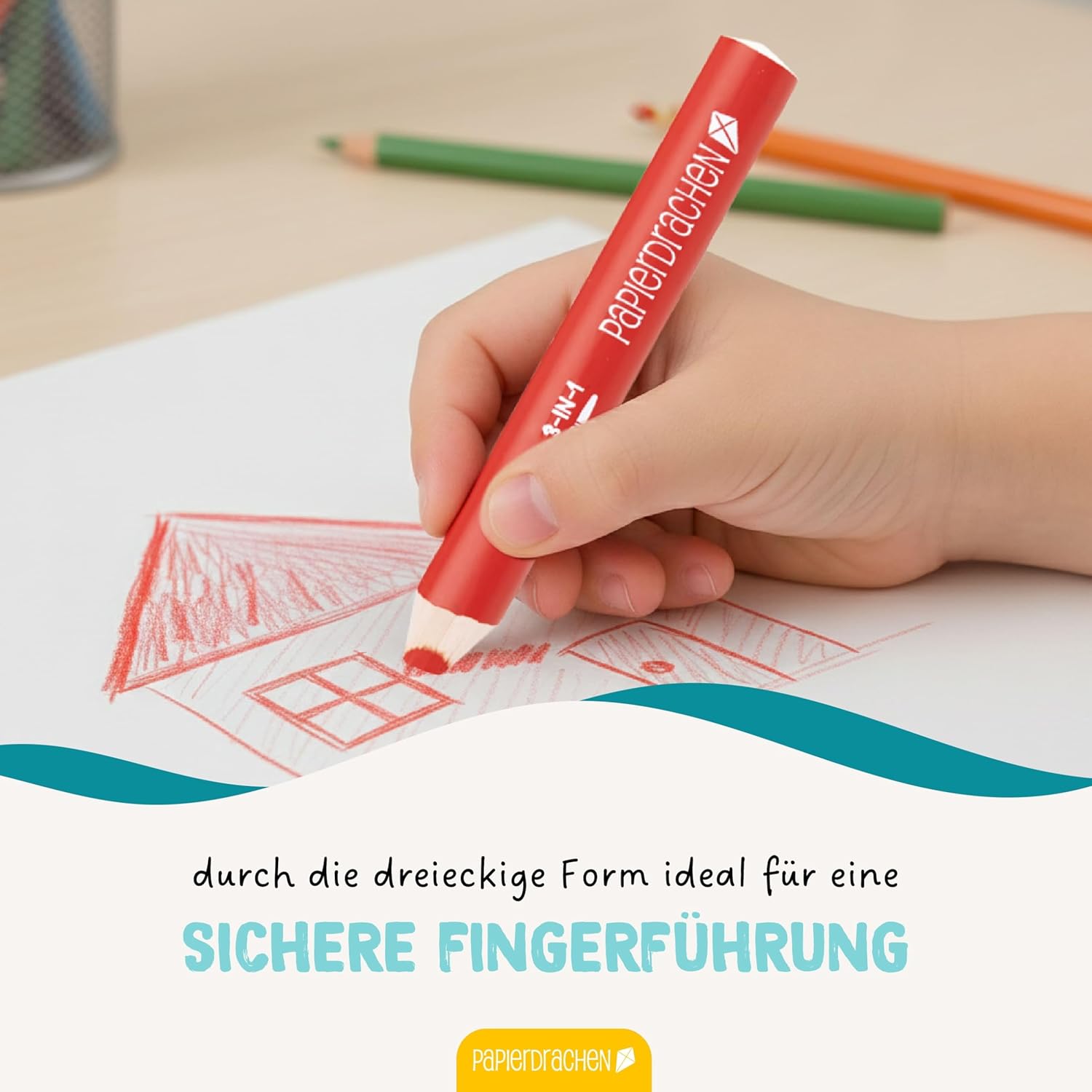 Detalle de Papierdrachen 3-in-1 Buntstifte mit Anspitzer – 10 Stifte, wasservermalbar, für Kita & Schule