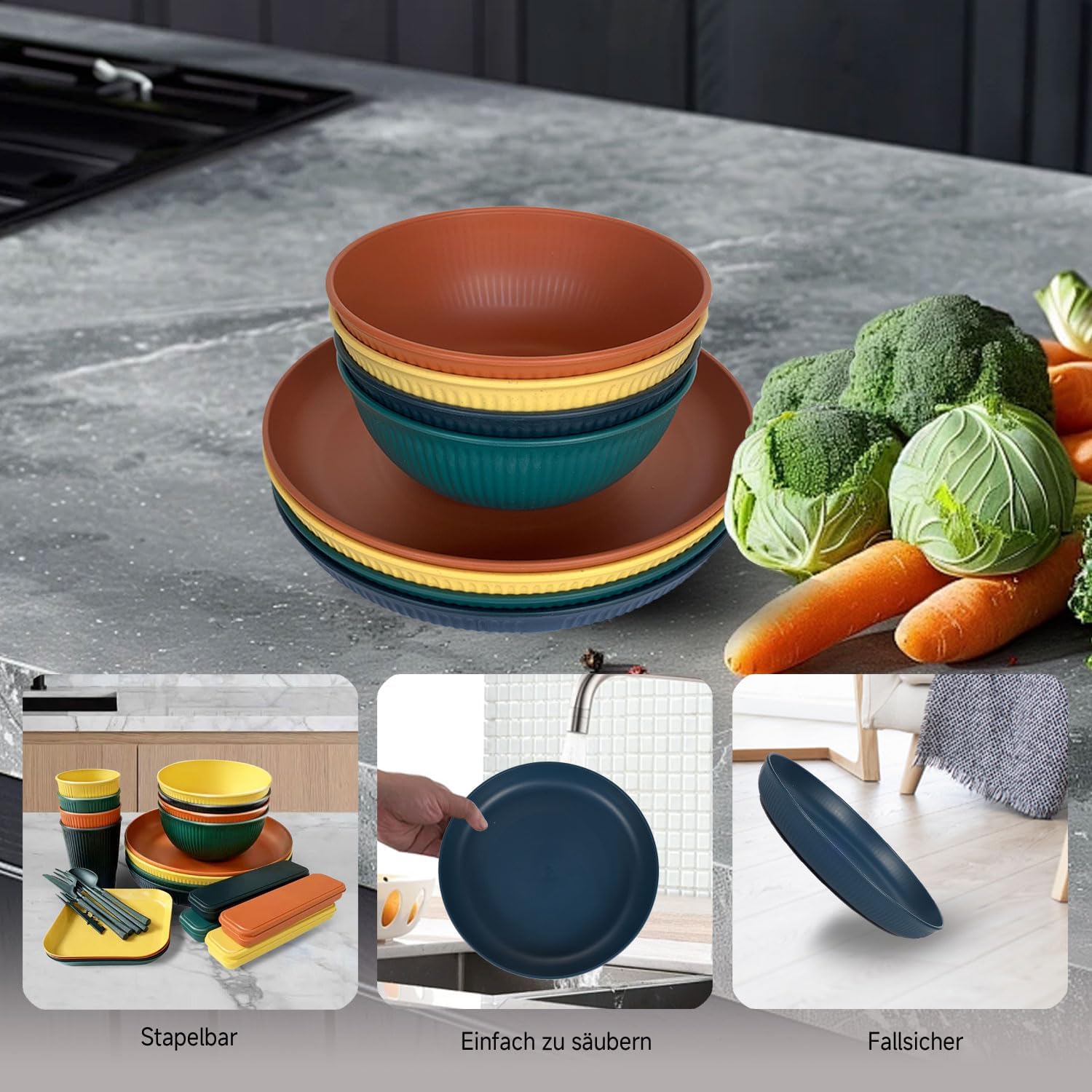 Detalle de Camping Plates: Unbreakable Dinner Set for 4 (Rainbow) – 48 Pcs Plastic Picnic Collection