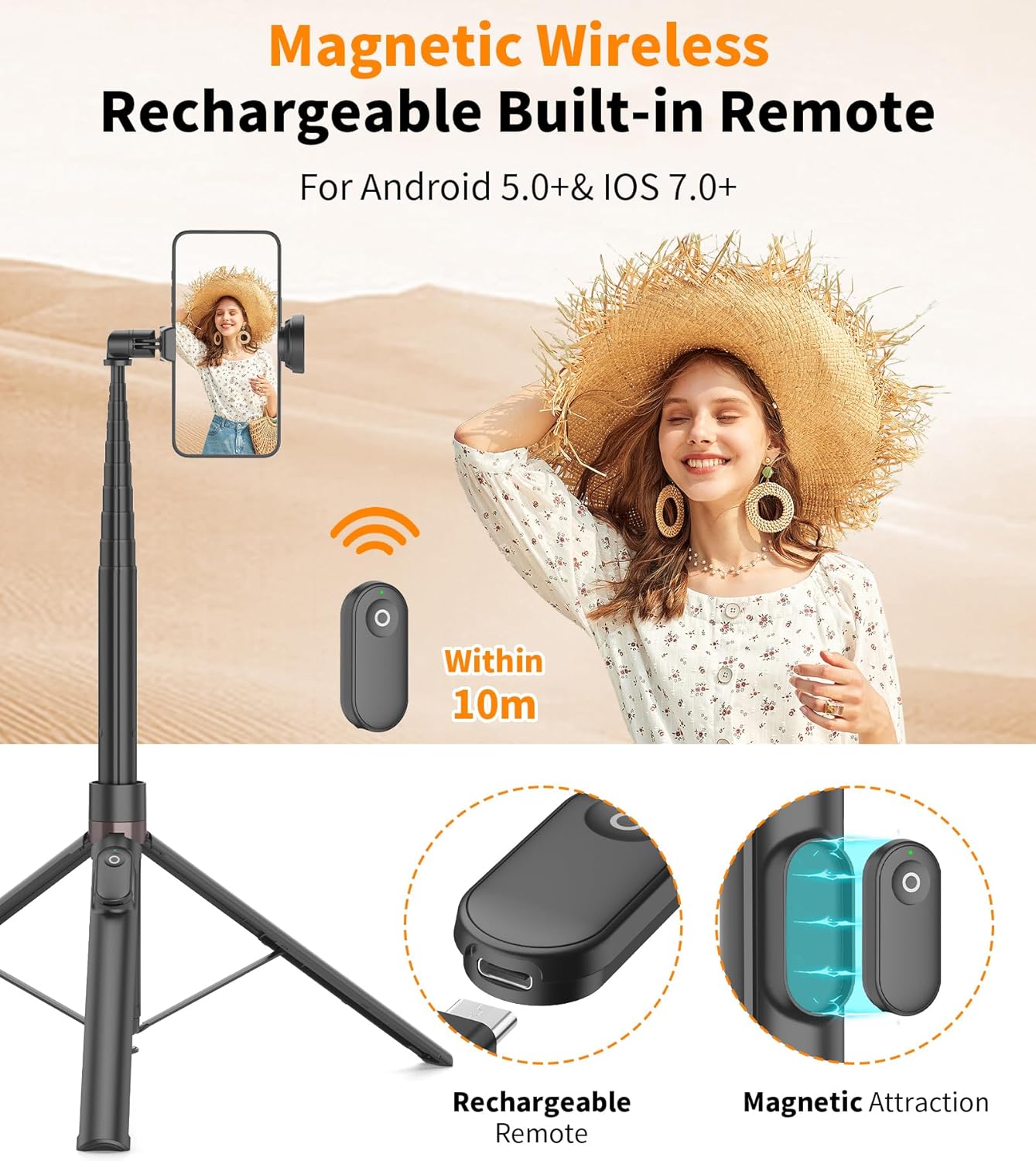 Detalle de TONEOF 66" Automatic Tripod Selfie Stick with Auto-Open Stand and Magnetic Rechargeable Remote (Black)