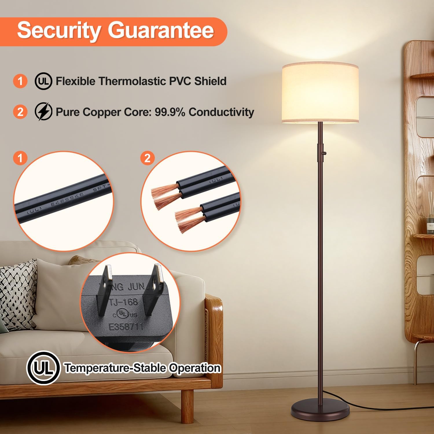 Detalle 2 de Yemela Dimmable Floor Lamp with Linen Shade, Stepless Brightness, Brown