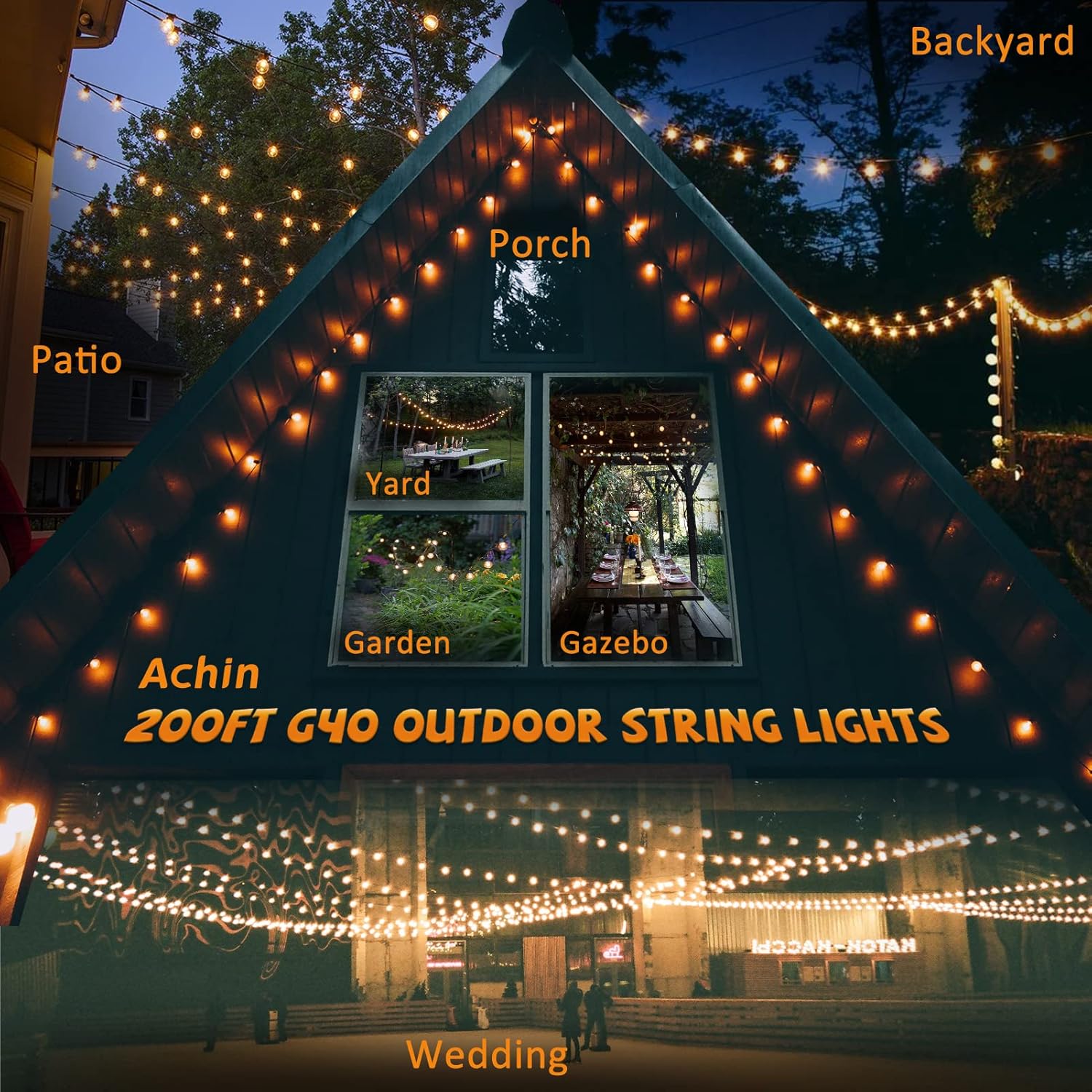 Thumbnail 5 de Achin 200FT Outdoor String Lights G40 Globe Patio Lights with 104 Shatterproof LEDs, IP44 Waterproof, Dimmable, 2-Pack (200FT Total)