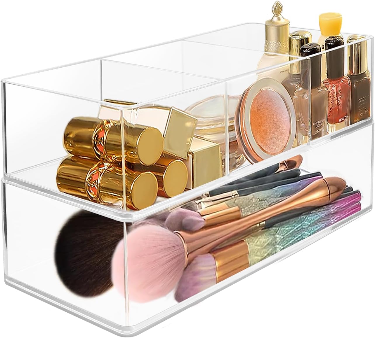 LUBOXIN Set of 2 Make Up Drawer Organiser – Clear Acrylic, 3-Compartment & 1-Compartment (Stackable)