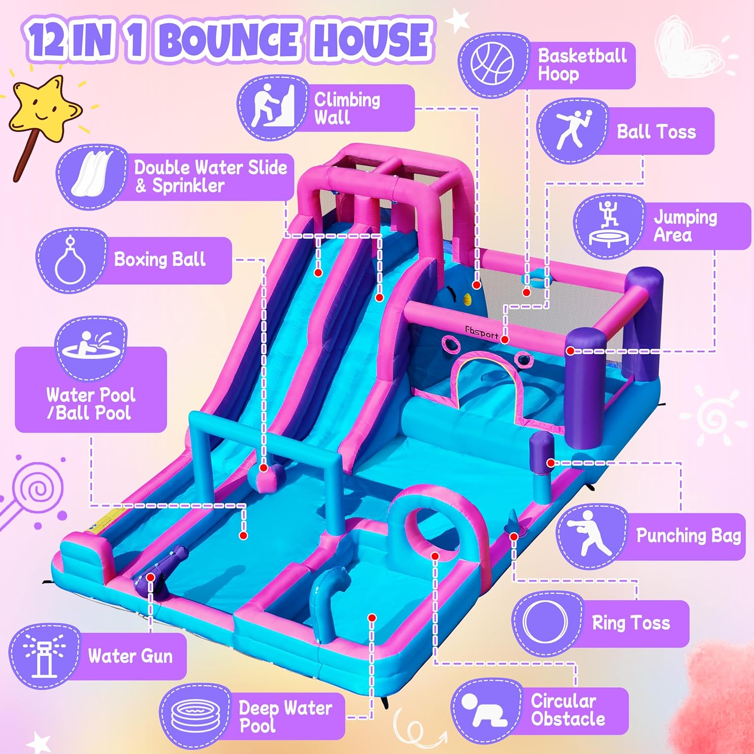 Detalle de FBSPORT Inflatable Bounce House with Double Water Slides and 750W Blower