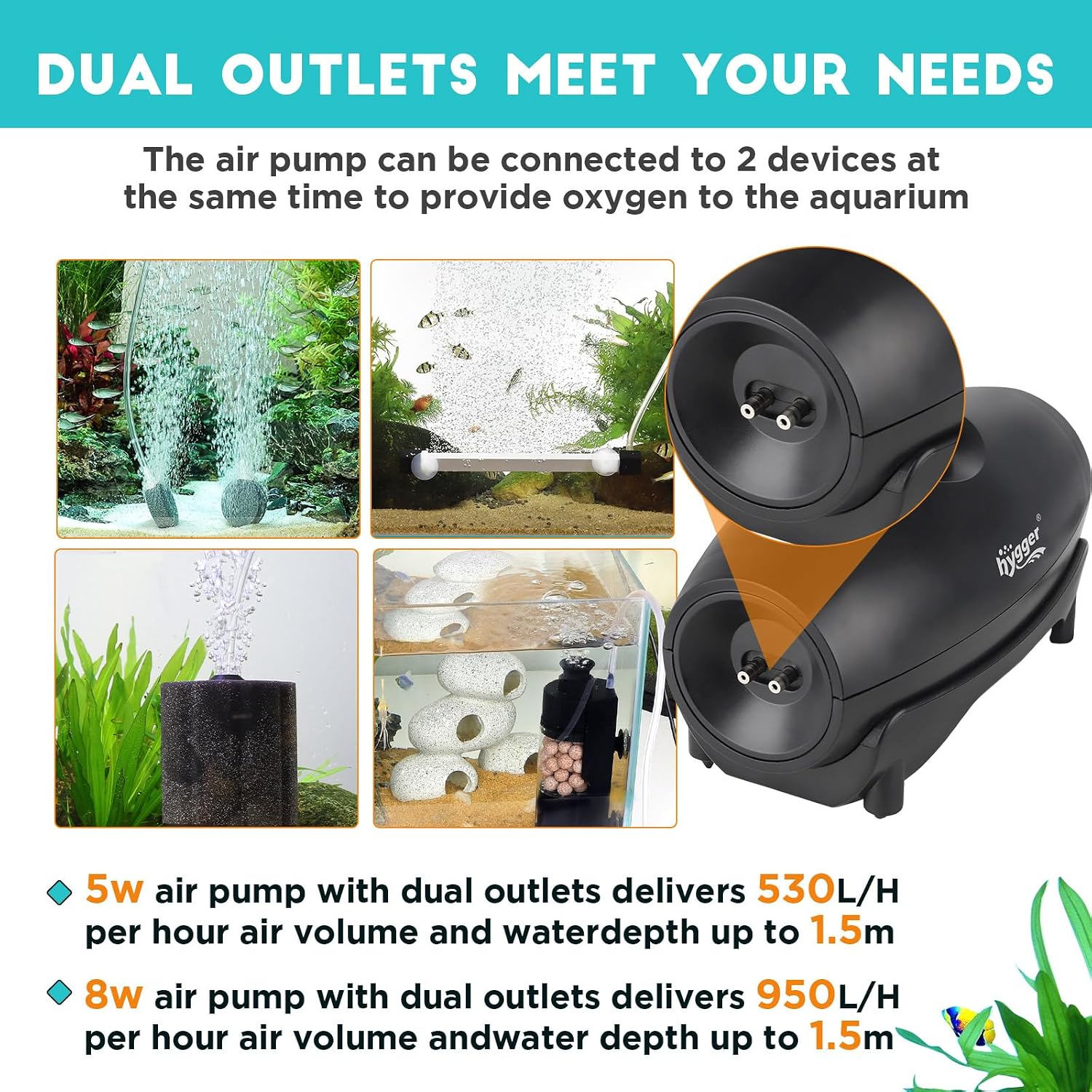Detalle de hygger Aquarium Luftpumpe 530L/H