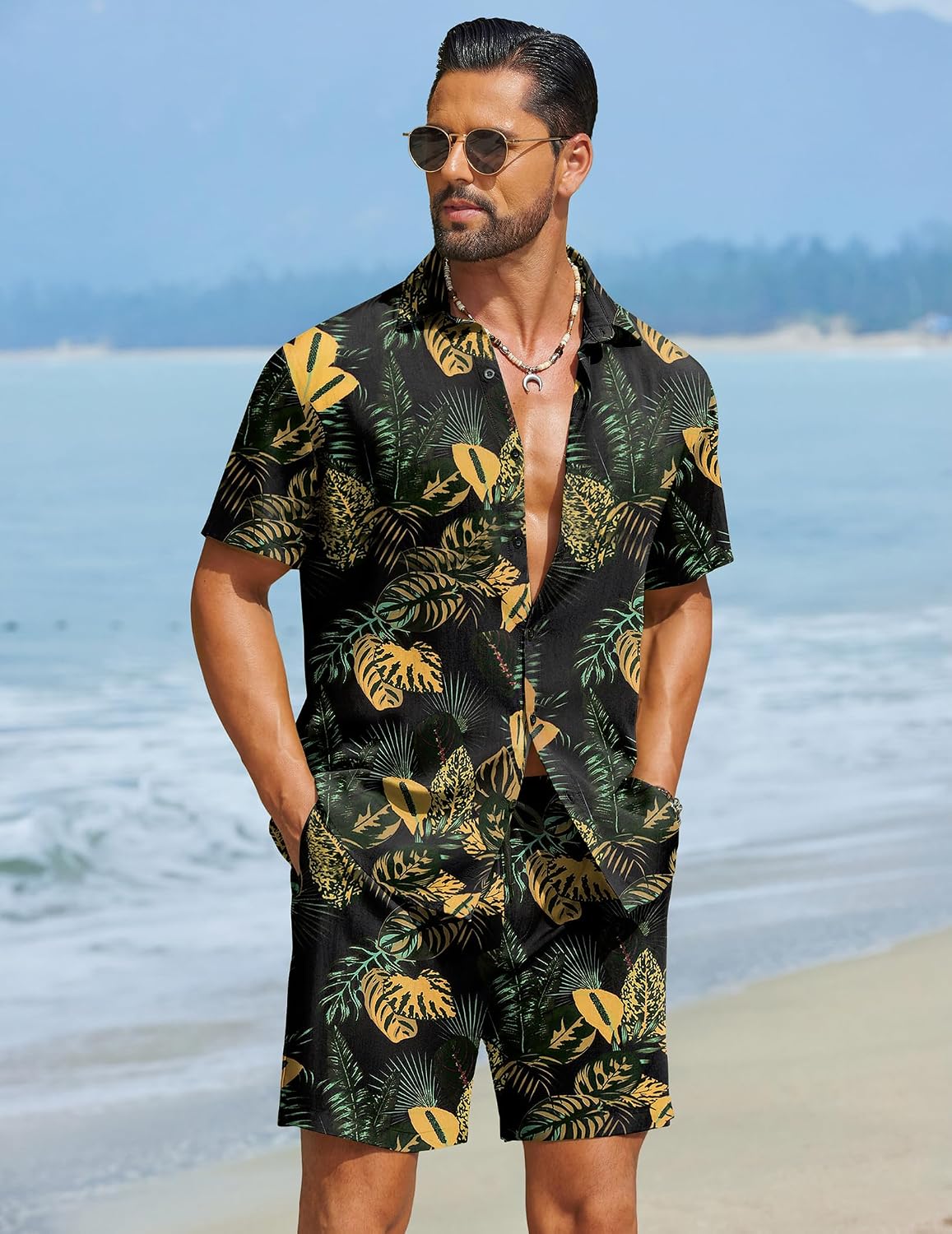 Detalle de COOFANDY Men's Hawaiian Matching Set — 2-Piece Summer Beach Outfit