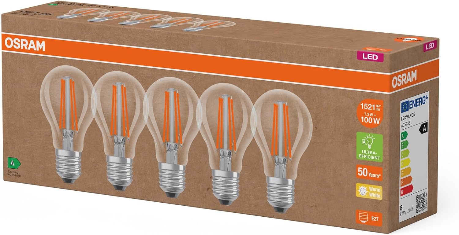 Detalle de OSRAM Lampade LED ad alta efficienza E27 4W – confezione da 5, vetro filamento 2700K