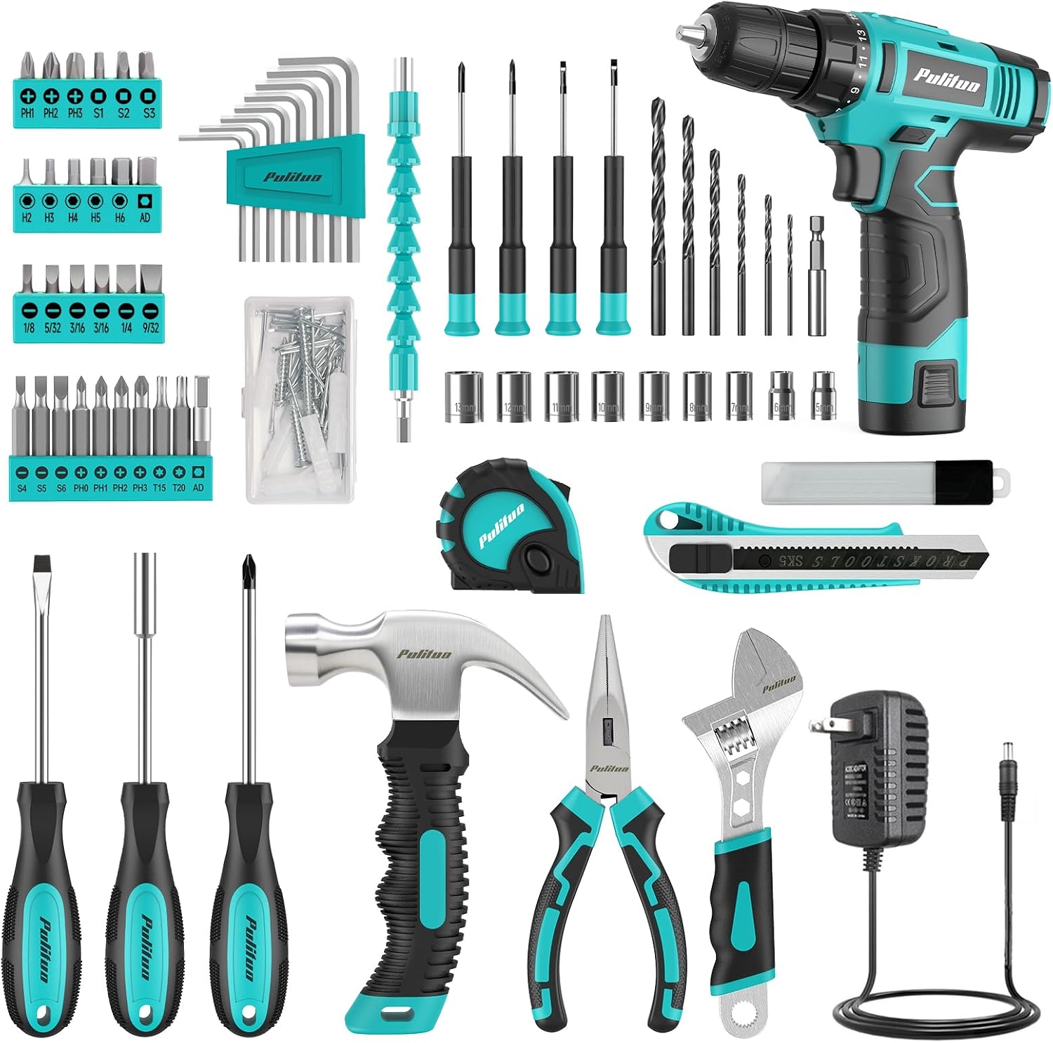 Detalle de PULITUO 149-Piece Home Drill Set with Turquoise 12V Cordless Drill