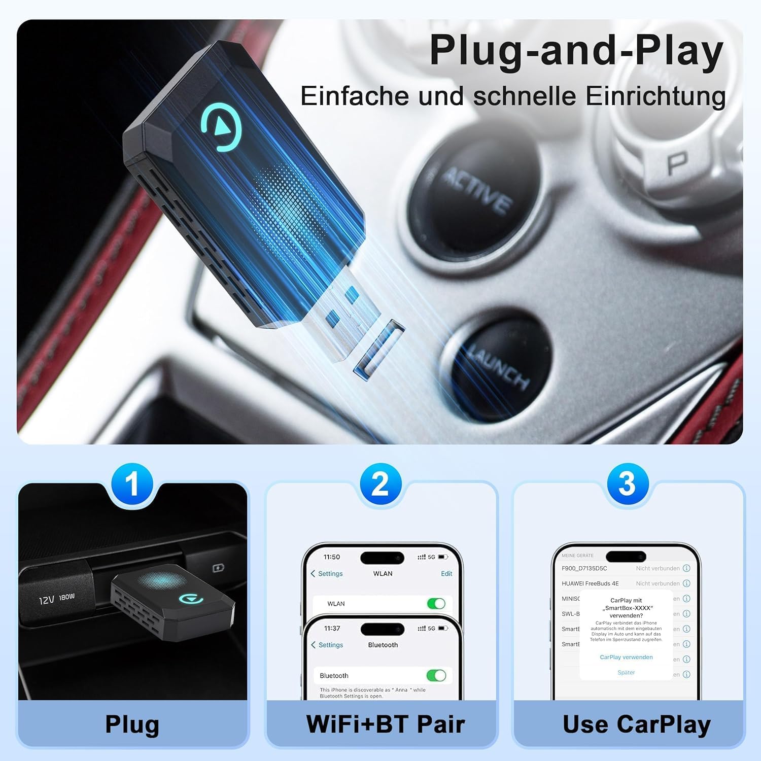 Thumbnail 3 de CAENEEDER Wireless Carplay Adapter (Blue) – Convert Wired CarPlay to Wireless for 2016+ Vehicles