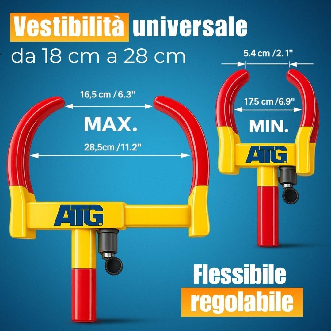 Detalle 2 de ATG Bloccaruota Auto e Rimorchio – Antifurto meccanico universale per auto, caravan, rimorchi, scooter e moto (18–28 cm)