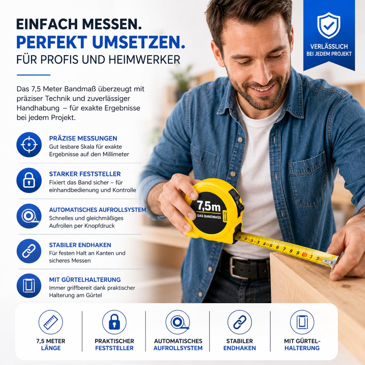 Thumbnail 5 de Bandmaß 7,5 Meter mit Halterung – robustes Rollmaßband für präzises Messen