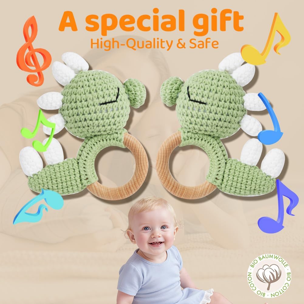 Thumbnail 4 de Vicloon Wooden Baby Rattle (Dinosaur) – Beech wood ring & crochet sensory toy for 0–12 months