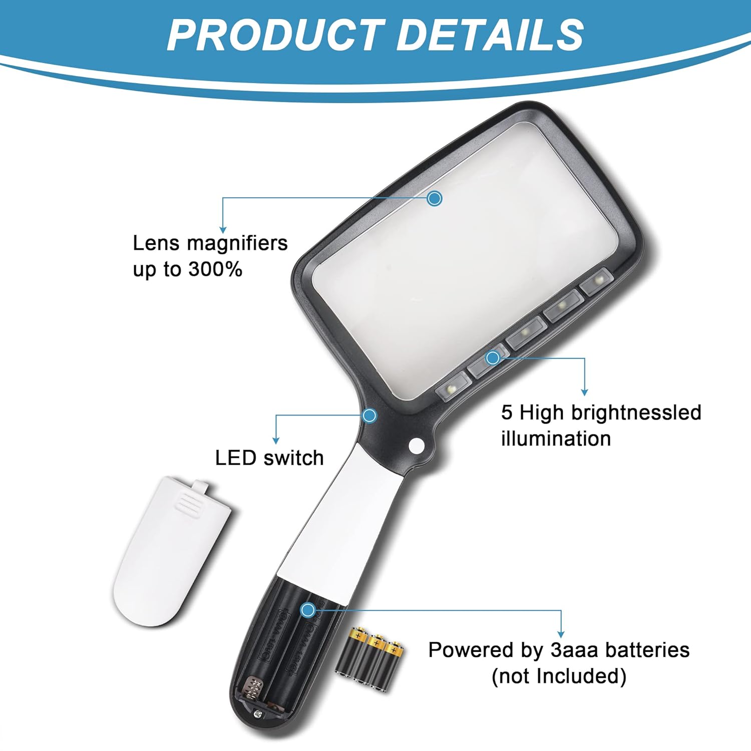 Thumbnail 2 de Nazano Rectangular LED Magnifying Glass with Light, 5 LEDs and 3x Magnification (Foldable, 2 Brightness Modes)