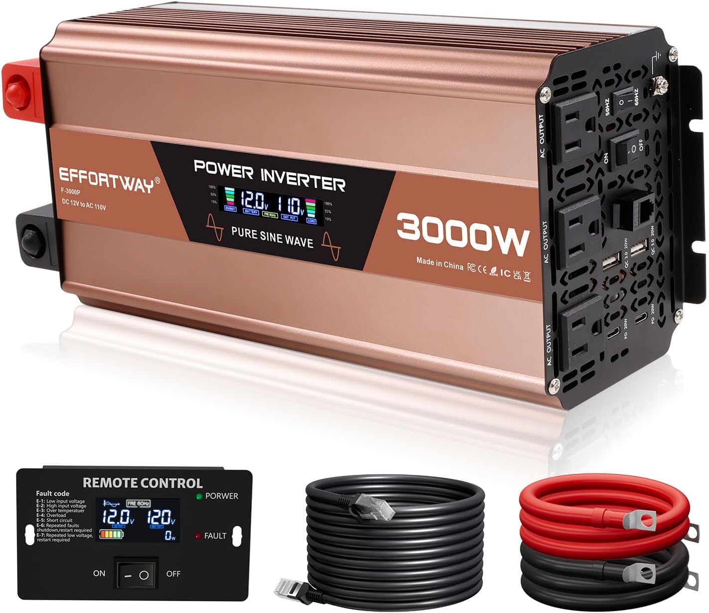 EFFORTWAY F-3000P 3000W Pure Sine Wave Inverter, 12V DC to 110–120V AC