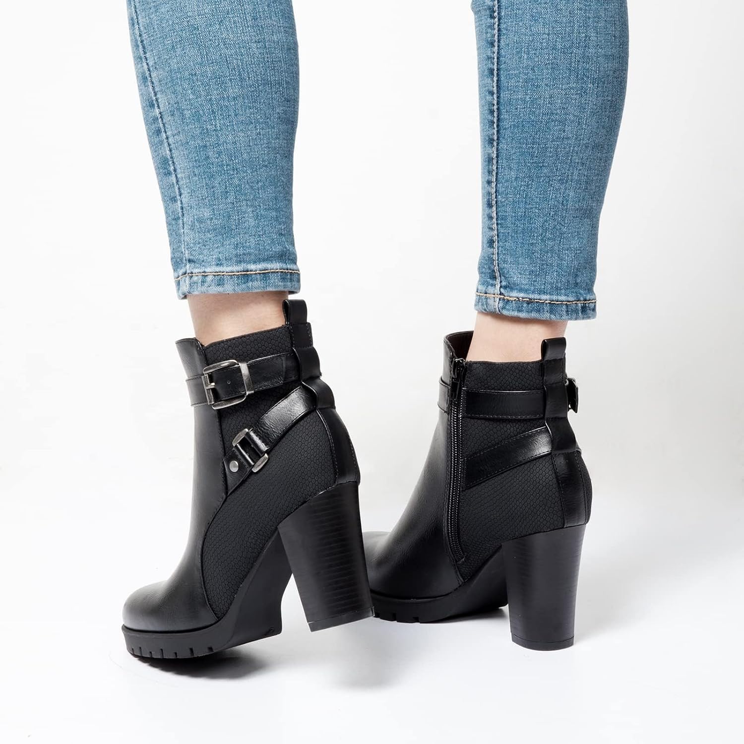 Detalle 2 de mysoft Women's Wide Ankle Boots with Side Zip and 3.2-Inch Stacked Heel