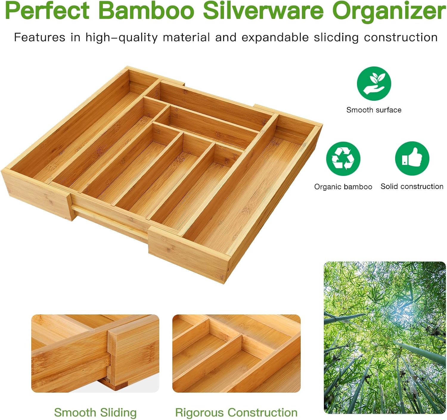 Detalle de Pipishell Medium Bamboo Silverware Drawer Organizer, Expandable 10.31–16.54 Inches