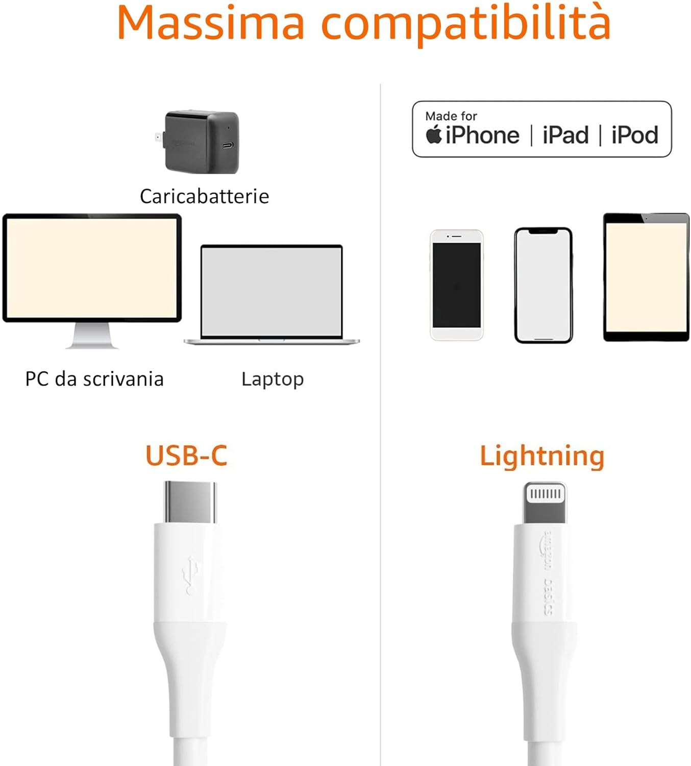 Thumbnail 1 de Amazon Basics Cavo USB-C a Lightning certificato MFi, 3 m, bianco