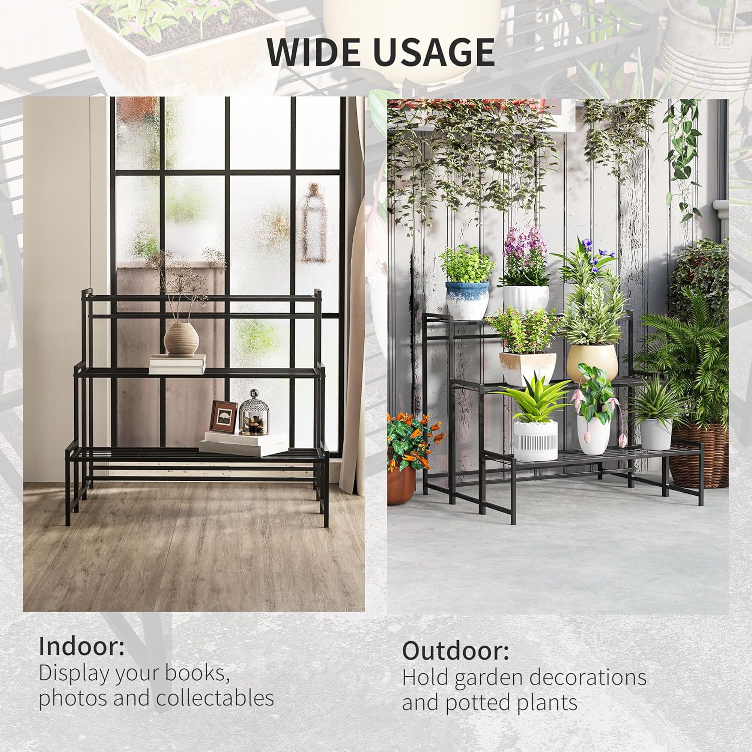 Detalle de Outsunny 3-Tier Metal Plant Stand: Modern Ladder Shelf for Indoor & Outdoor Display