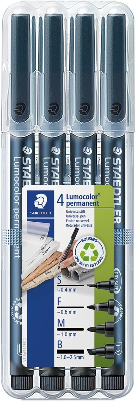 Detalle de Staedtler Lumocolor Permanent – Ensemble de 4 feutres noirs indélébiles (0,4–2,5 mm) en étui chevalet