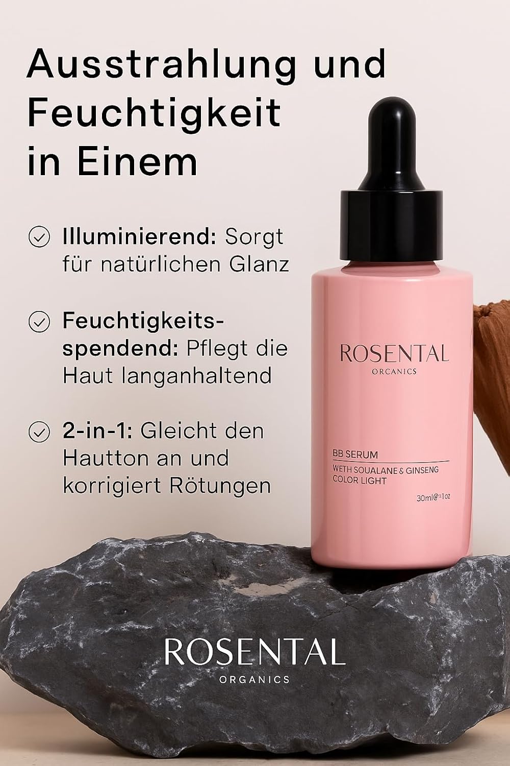 Detalle de ROSENTAL ORGANICS BB Serum (30ml) – 2-in-1 Make Up & Skincare mit Squalan, Aloe Vera & Ginseng