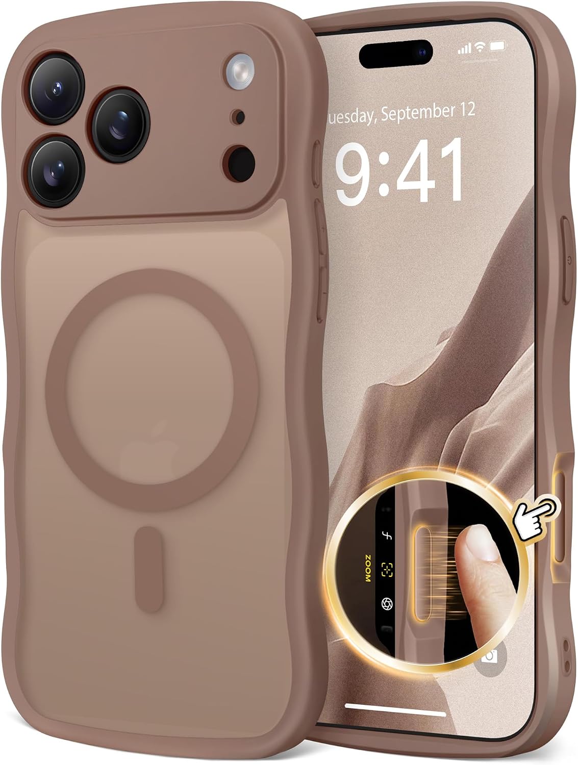Detalle de CAPRARO Magnetic Case for iPhone 17 Pro Max — Full Camera Protection, MagSafe Compatible, Translucent Matte with Cute Wave Brown Frame