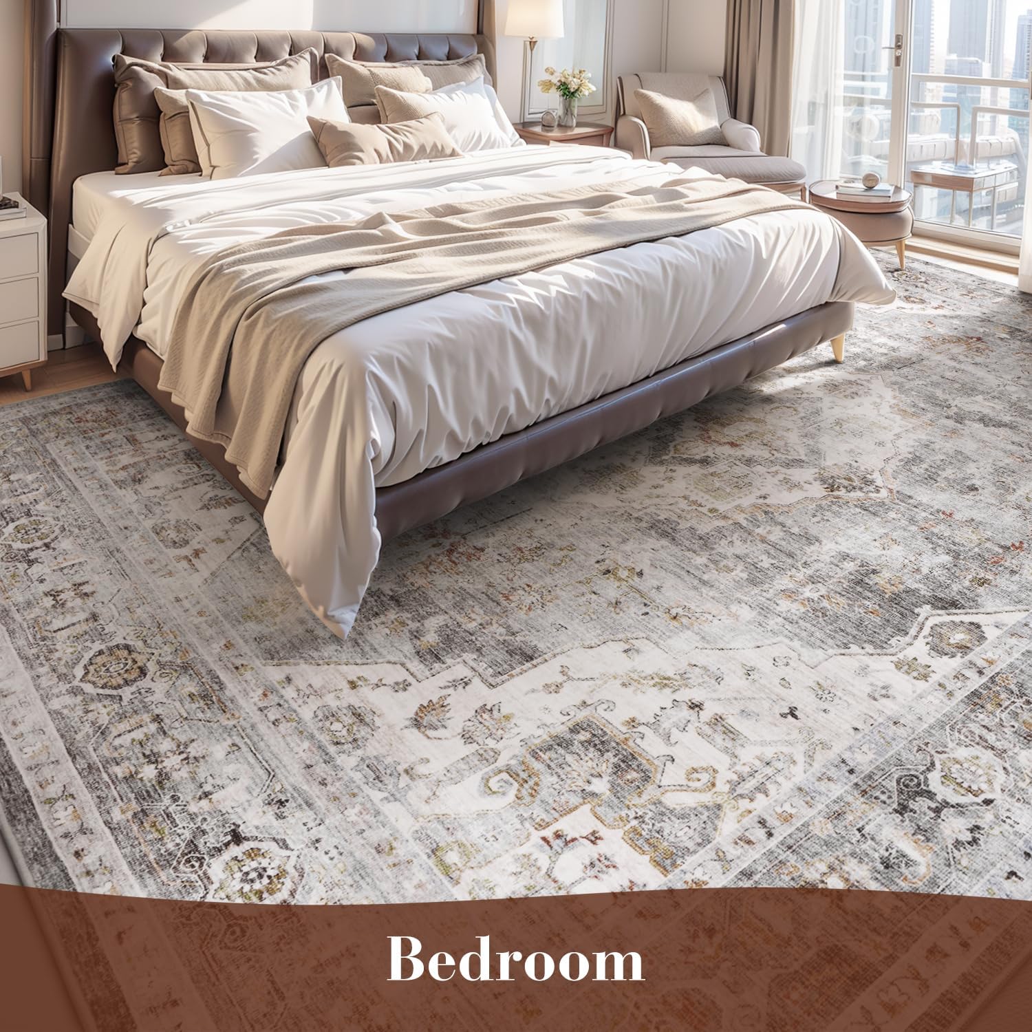 Detalle de MontVoo 8' x 10' Grey Area Rug, Machine-Washable Polyester, Non-Slip Backing