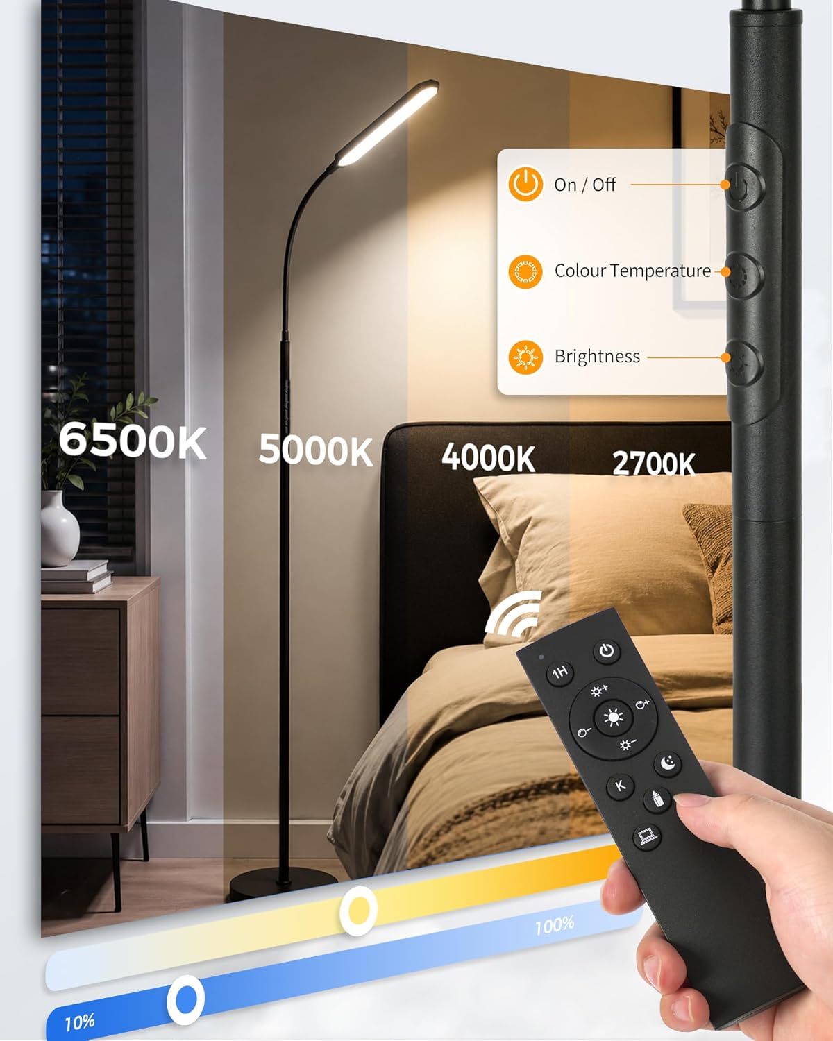Detalle de LuminexDesigns LED Floor Lamp for Living Room – 18W Dimmable with Remote, 2700K–6500K, Eye-Caring, Black