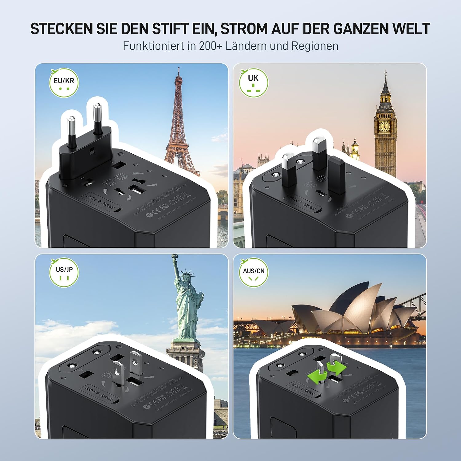 Detalle 2 de EPICKA Reiseadapter Weltweit – Universal-Reisestecker mit 2 USB-C, 2 USB-A und AC-Dose (TA-104e)