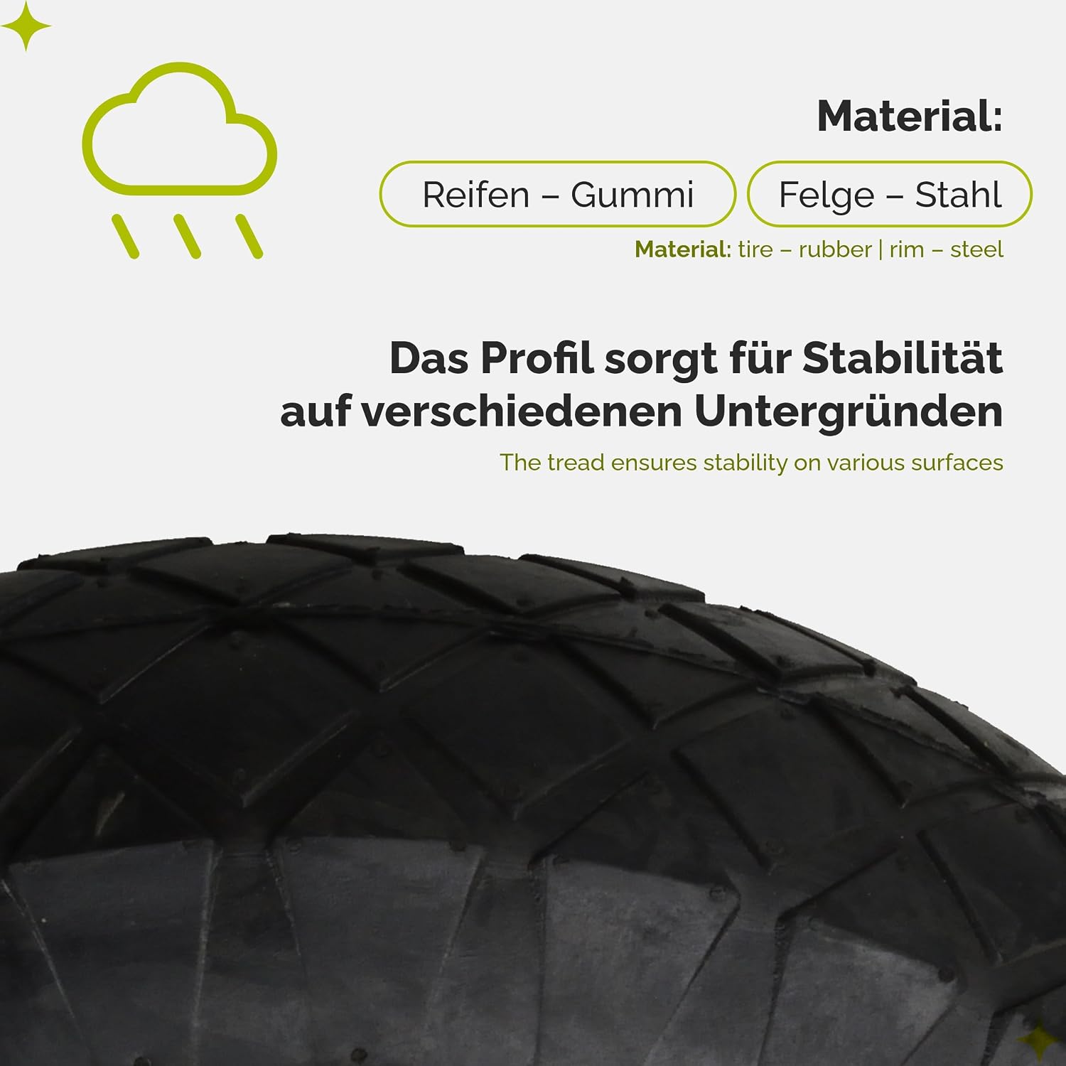 Detalle de Garronda Ersatzrad Schubkarre 4.80/4.00-8 Ø390 mm – Luftreifen 4PR, Tragkraft 220 kg, Achse & Kugellager, Grün-Schwarz