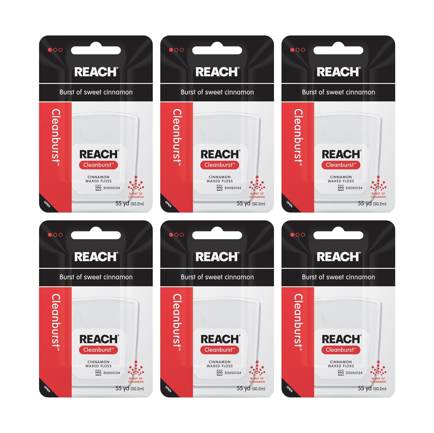 REACH Waxed Dental Floss (Cinnamon) — Shred-Resistant Plaque Remover, 55 yd per pack (6 Pack)