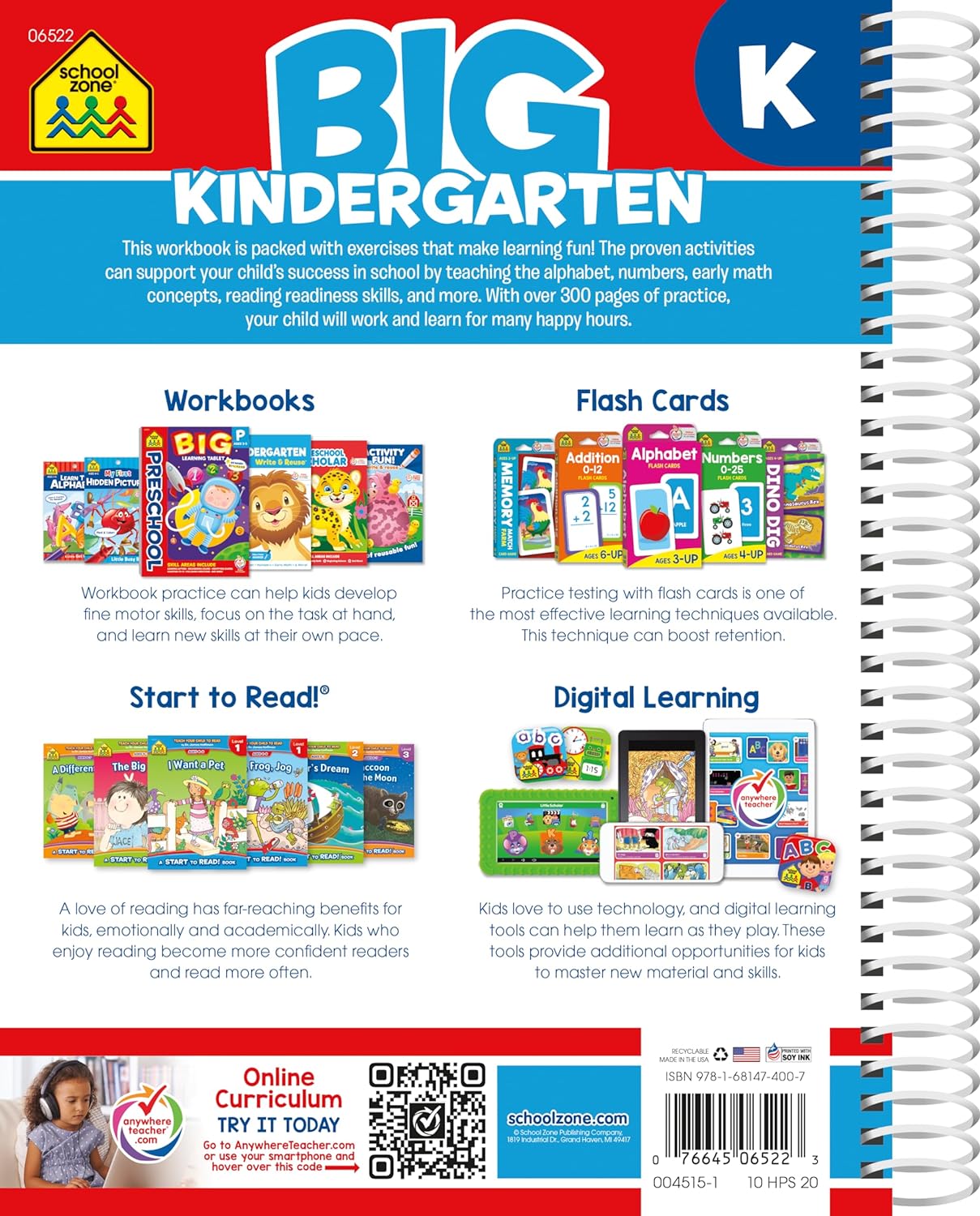 Detalle de School Zone Big Kindergarten Workbook, Spiral-Bound Activities for Reading, Writing and Math