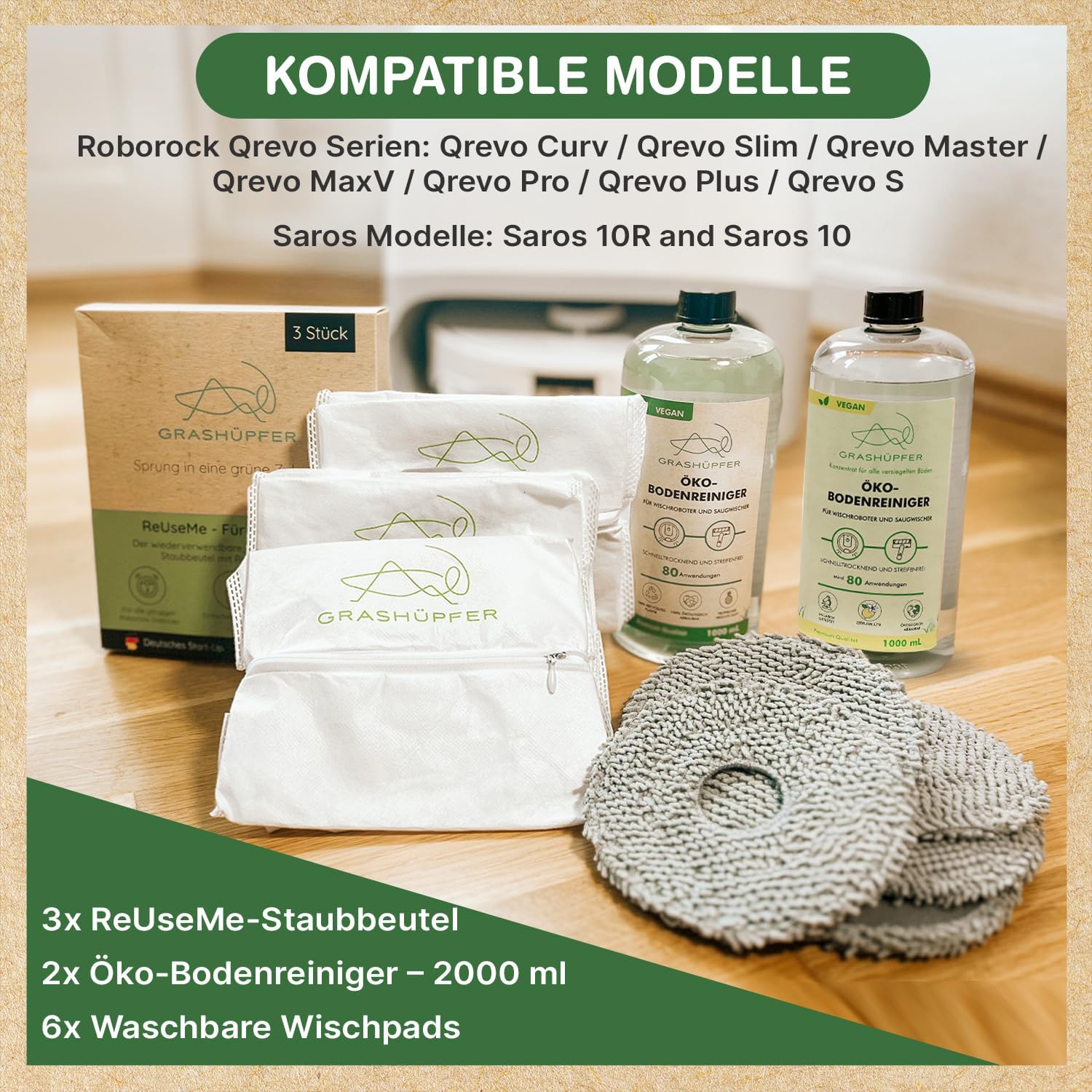 Thumbnail 2 de GRASHÜPFER® Zubehör-Set für Roborock Qrevo/Saros: 2× Öko-Bodenreiniger, wiederverwendbare Staubbeutel & waschbare Wischpads