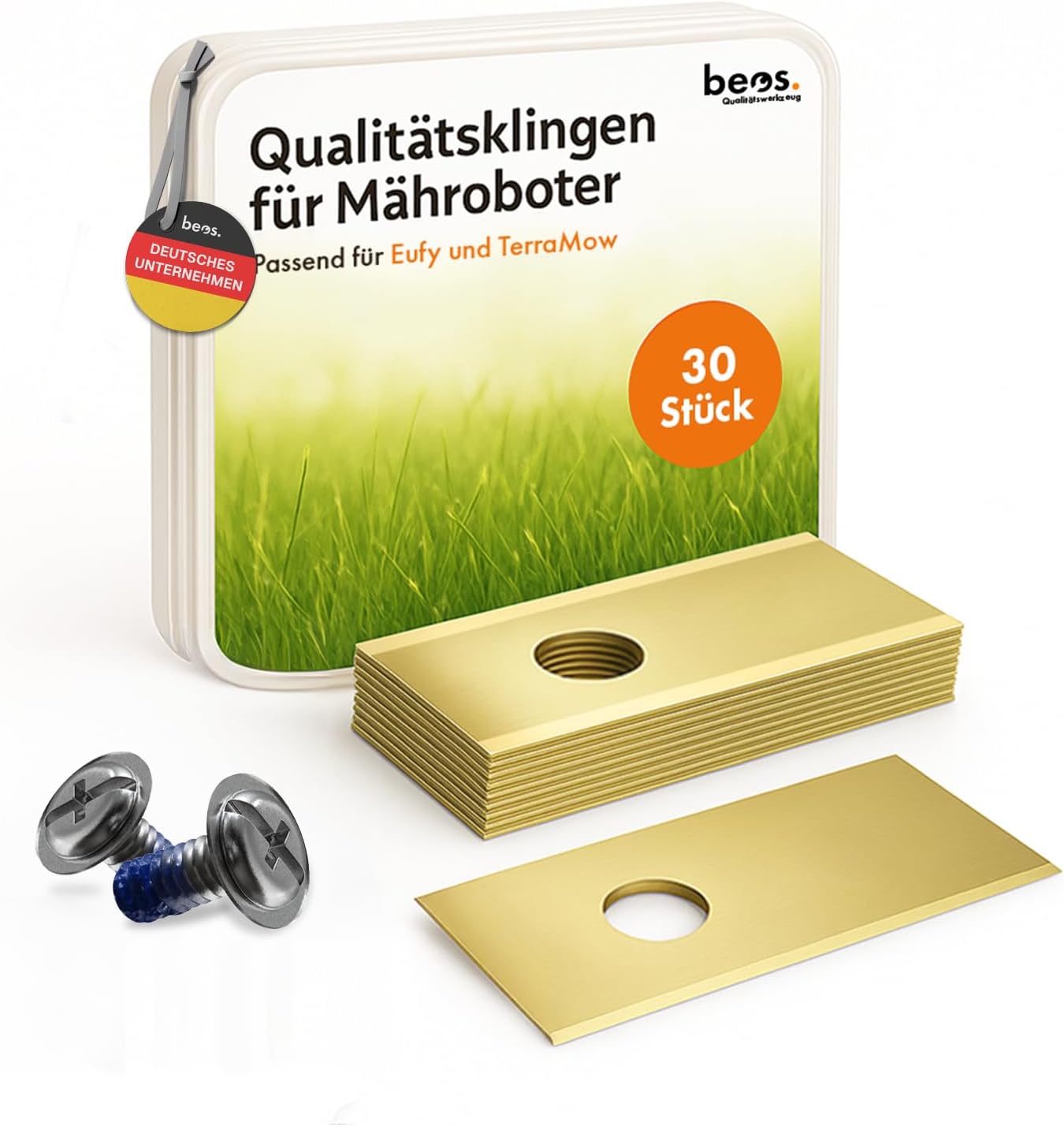 BEOS 30x Premium Titan Ersatzmesser & Schrauben – kompatibel mit Eufy Mährobotern