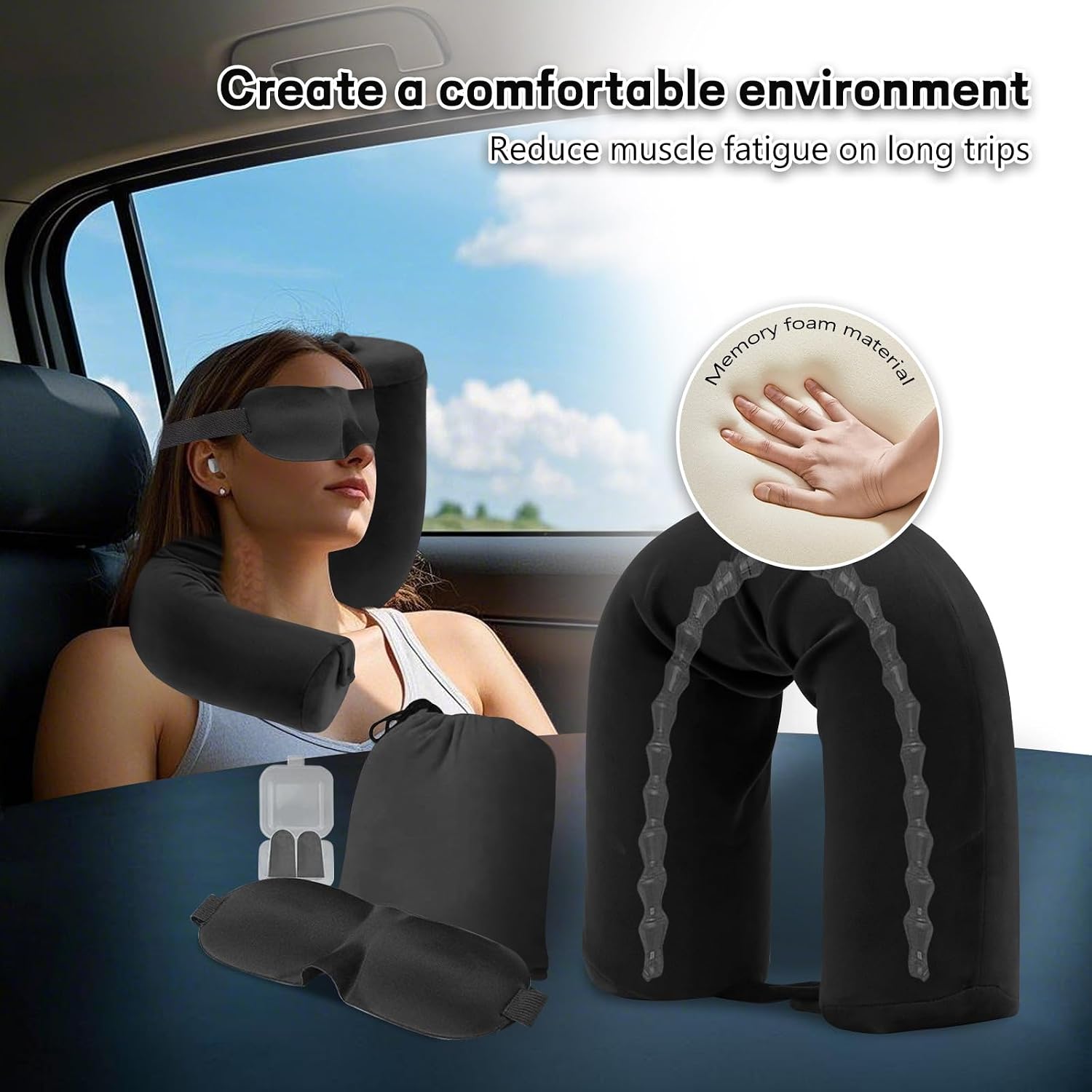 Detalle de EPROICKS Reisekissen für Flugzeug mit biegbarem Nackenhörnchen (Memory Foam), Schwarz