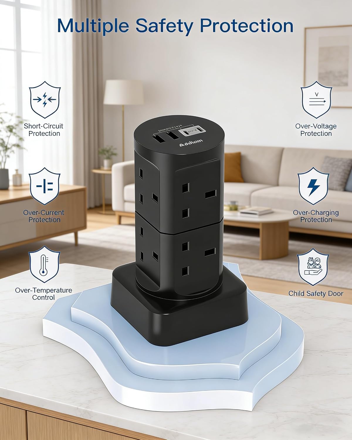 Thumbnail 4 de 3M Tower Extension Lead with USB Slots (8-Way) - 13A 3250W with Built-in USB-C & USB-A Ports
