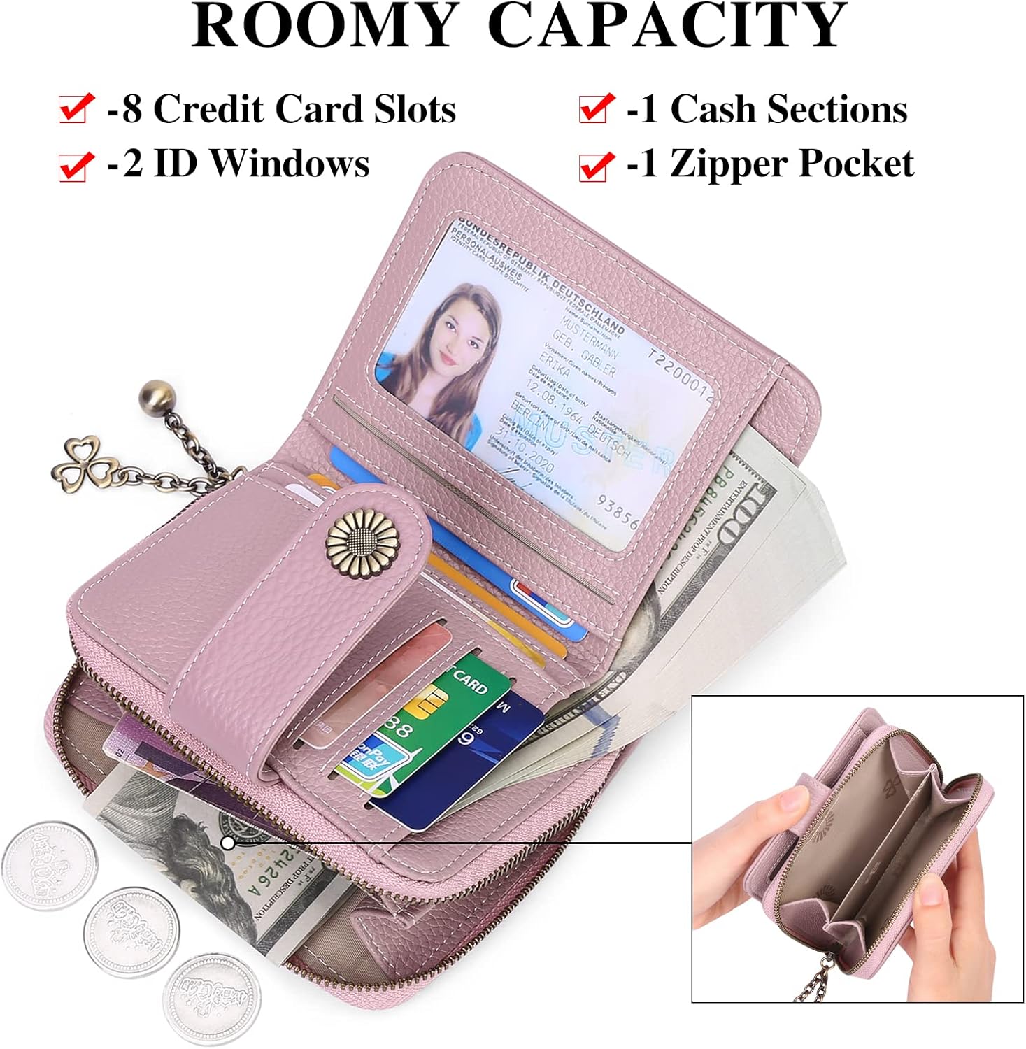 Detalle de SENDEFN Genuine Leather Small Bifold Wallet with RFID Protection for Women
