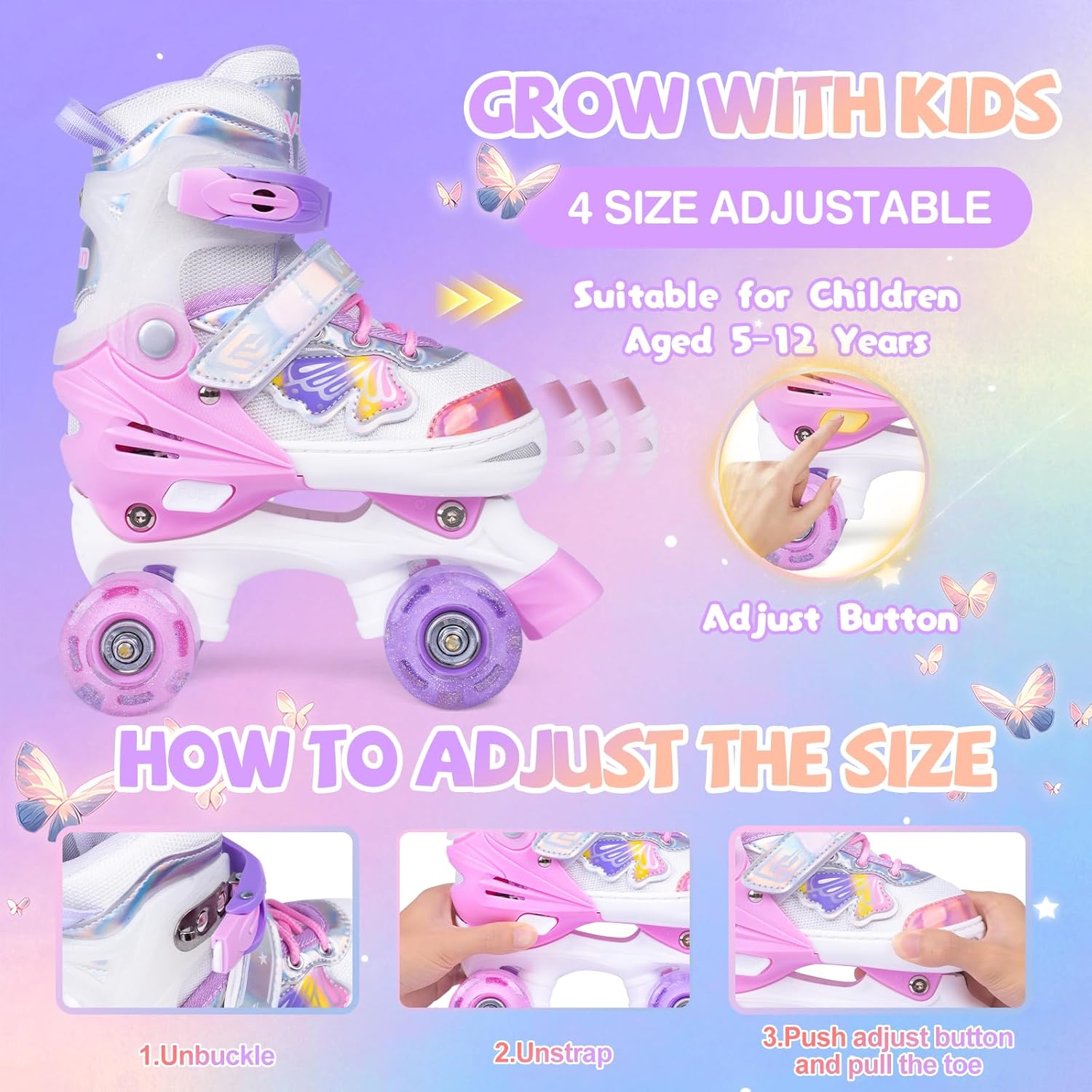 Detalle de HolaDream Adjustable Kids Roller Skates with Light Up Wheels and Safety Protection