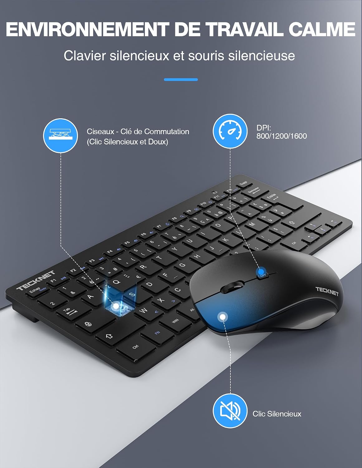Thumbnail 3 de TECKNET Clavier et Souris 2,4G silencieux ⌨