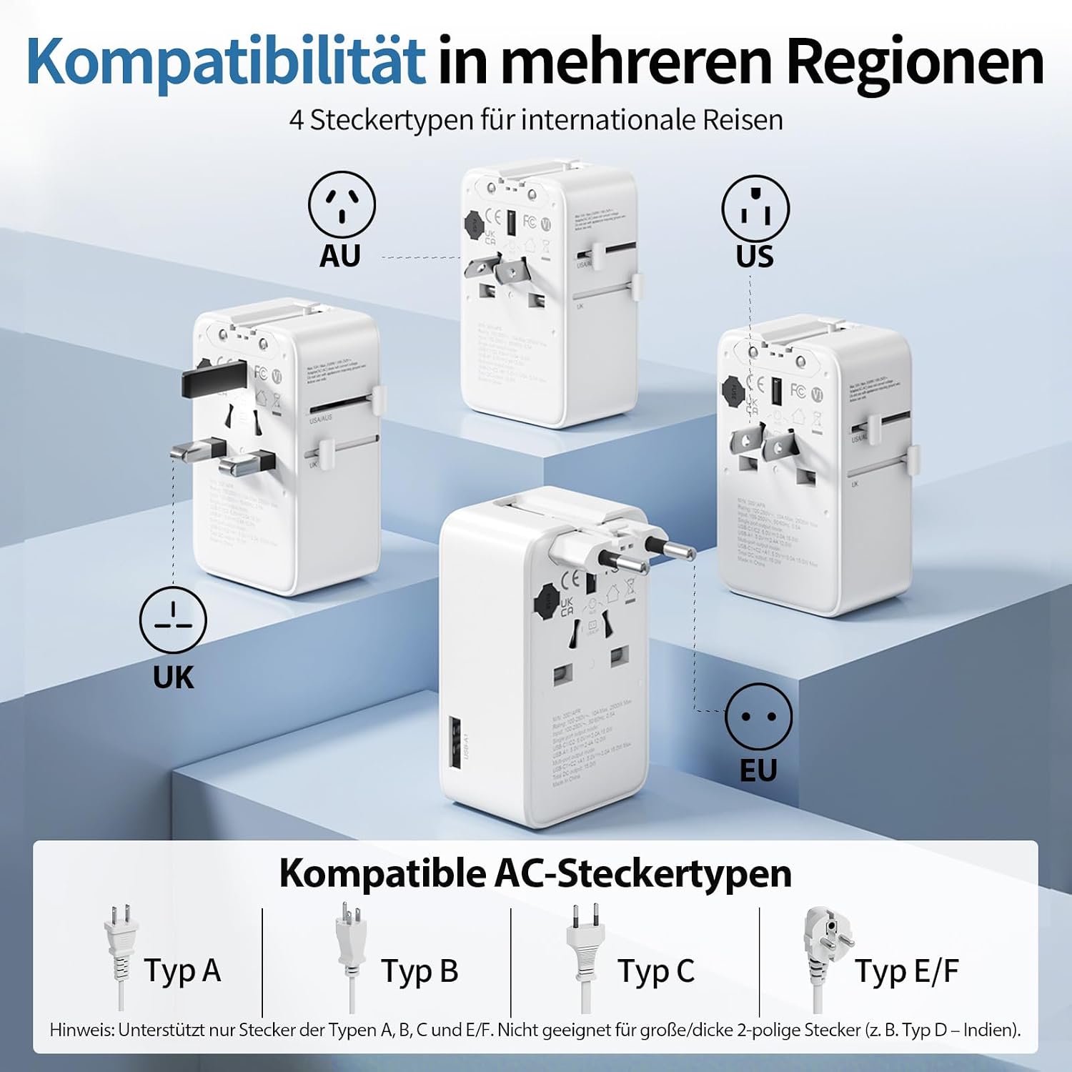 Thumbnail 1 de UPXNBOR Ultra-flacher Reiseadapter 2026 mit 1× USB-A und 2× USB-C (weltweit)