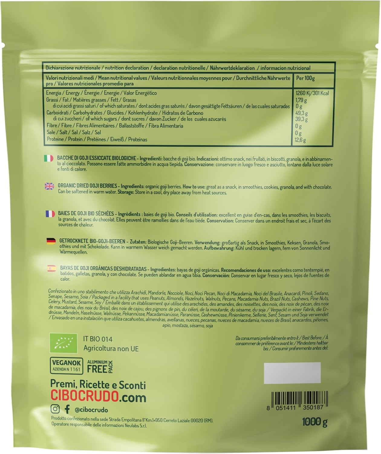Thumbnail 1 de Bacche di Goji Bio Crude 1 Kg – Qualità Premium, senza zuccheri aggiunti