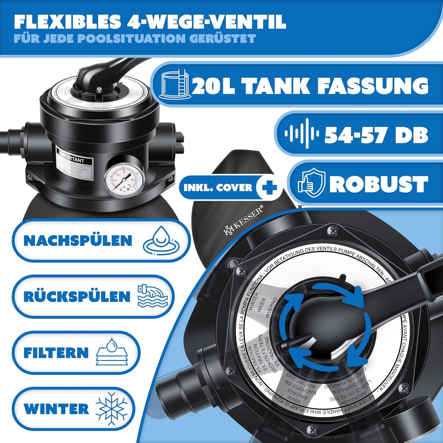 Thumbnail 4 de KESSER® Sandfilteranlage Sandfilteranlage+ (bis zu 20 kg Sand) mit 4-Wege-Ventil, 800 g Filterbälle – für Pools bis 10 m³/h