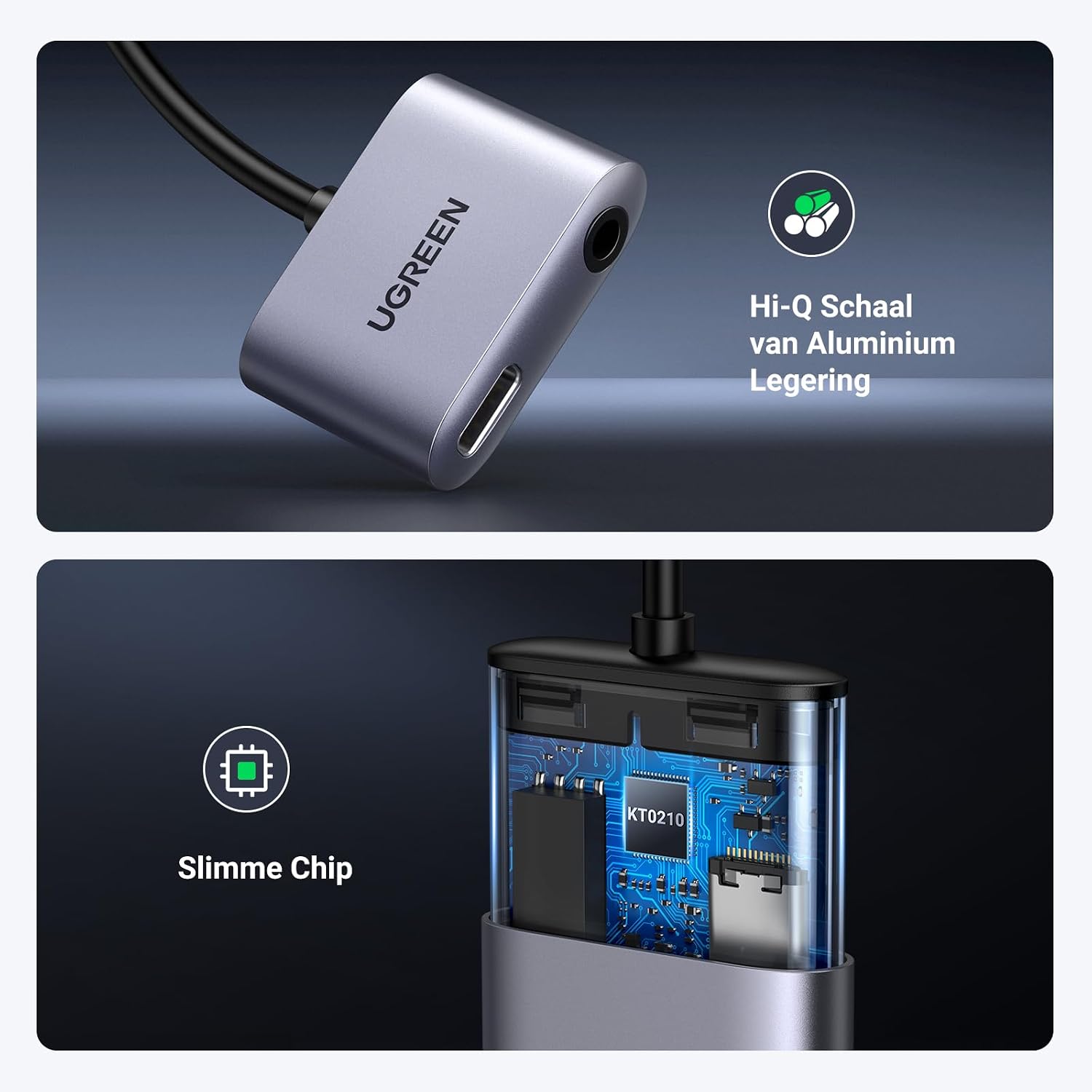 Detalle de UGREEN USB-C-naar-3,5mm-jackadapter met laadpoort en microfoonondersteuning