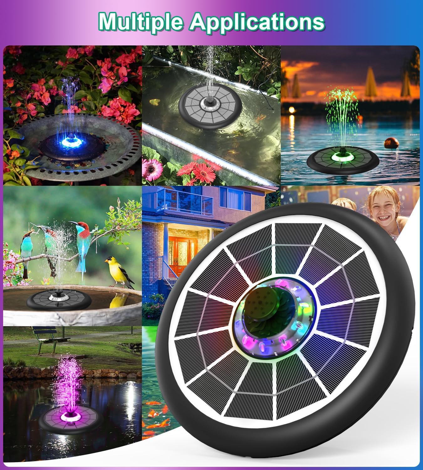Thumbnail 5 de Solar Springbrunnen SZMP UFO 5W mit Akku, Glas-Panel und RGB-Licht (7 Düsen, 4 Rohre)